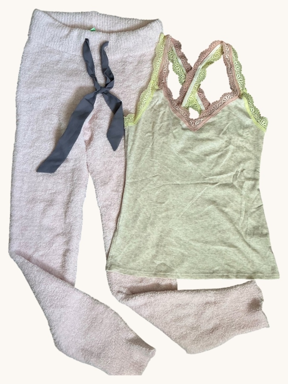 Bundle Anthropologie Cozy Knit Pink Leggings Beige Lace Trim Tank Top SZ S